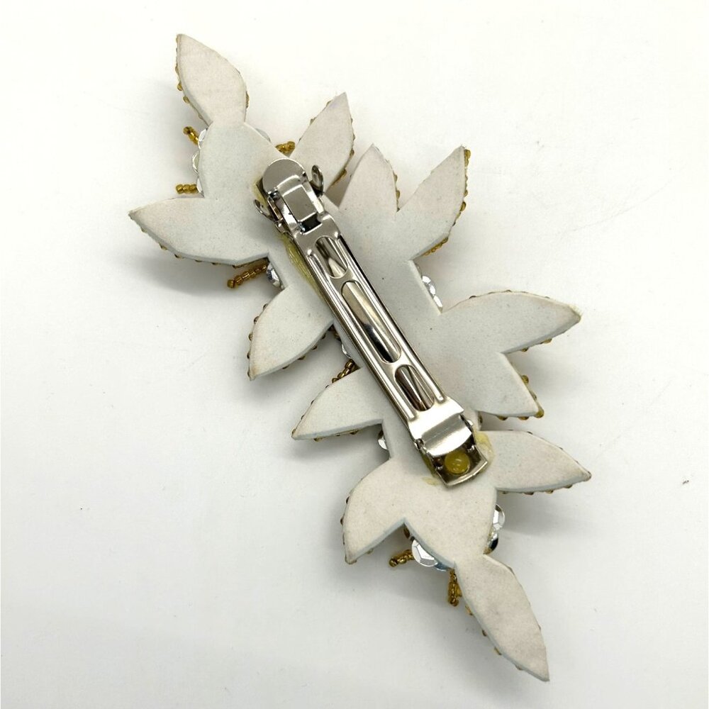 Floral Hair Barrette Bridal Prom Formal Gold-Tone Beaded & Silvertone Sequin - Picture 9 of 10